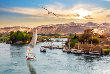 Nil, yelkenli ve kayalar Aswan, Mısır 'da gün batımında.