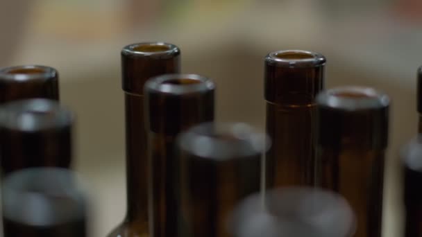 Leere Weinflaschen Aus Braunem Glas Werden Vom Band Genommen Zeitlupe — Stockvideo