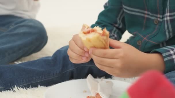 Boy Hands Close Hot Dog Slow Motion — Stock Video