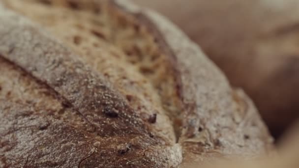 Nahaufnahme Von Frisch Gebackenem Vollkornbrot Bewegt Sich Zeitlupe — Stockvideo