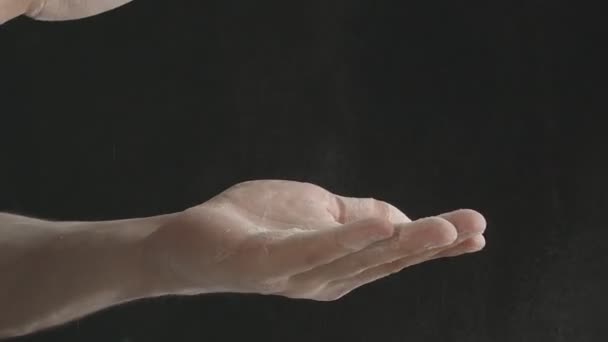 Close Male Hands Shaking Flour Shot Black Background — Stock Video