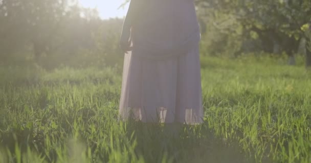 カメラは リンゴの庭を通って濃い緑の芝生の上を歩く風通しの良いピンクのドレスを着た少女に続きます 背中からの光に対して撮影 — ストック動画