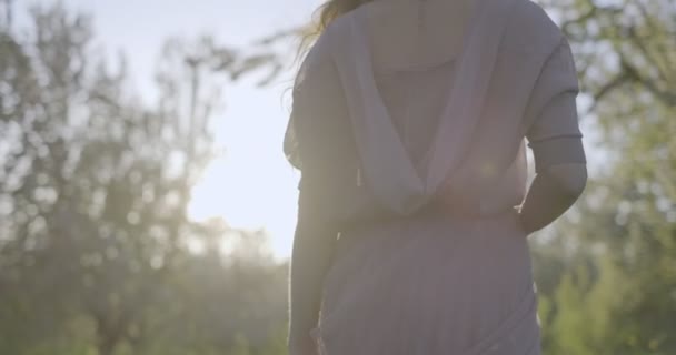 カメラは リンゴの庭を通って濃い緑の芝生の上を歩く風通しの良いピンクのドレスを着た少女に続きます 背中からの光に対して撮影 — ストック動画