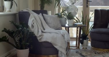 İki koyu menekşe koltuk ve üzerine saksılar ve kitapların konulduğu yuvarlak kahve masası olan odadan çıkmanın köşesi. Diğer yerlerde saksılarda bir sürü yeşil bitki var.