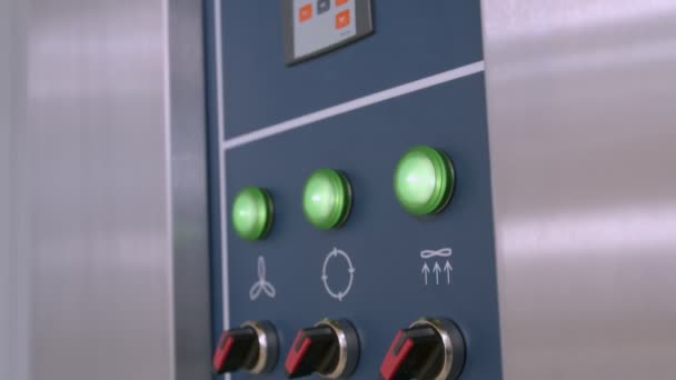 Close Industrial Bread Oven Control Panel Buttons Displays Brushed Aluminum — Stock Video