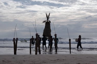 Hikkaduwa, Sri Lanka - 10 Aralık 2015: Birçok erkek gün batımında iyi hava ve iyi balık avı için düzenlenen törende Hasır Korkuluğu 'nu suya taşır.