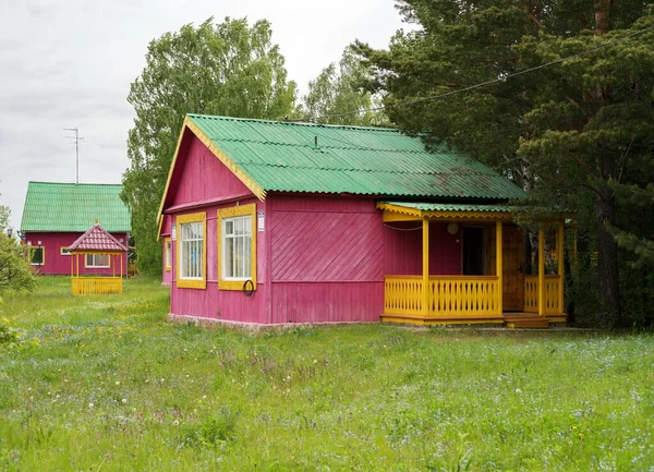 夏の日には木々の間に咲く牧草地に観光客のための小さな木造住宅が庭に立っています — ストック写真