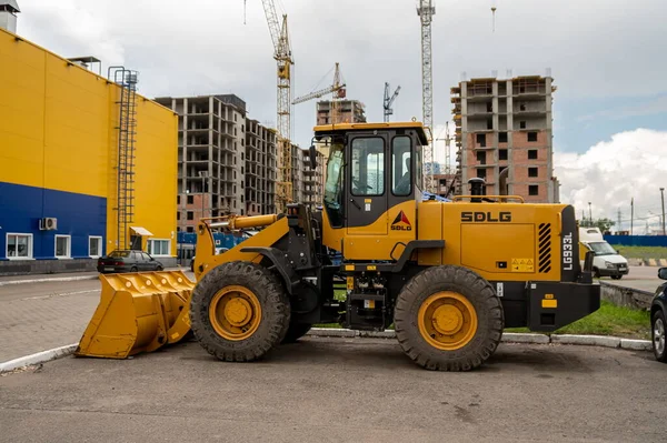 Krasnojarsk Krasnojarsk Region Juli 2021 Hjullastare Står Framför Byggarbetsplats Med — Stockfoto