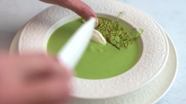 女性の手は、チーズのエナメルと緑の小枝自家製スープピューレを飾ります — ストック動画