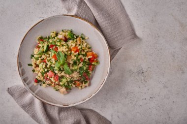 Tabbouleh salatası. Orta Doğu ya da Arapça yemek