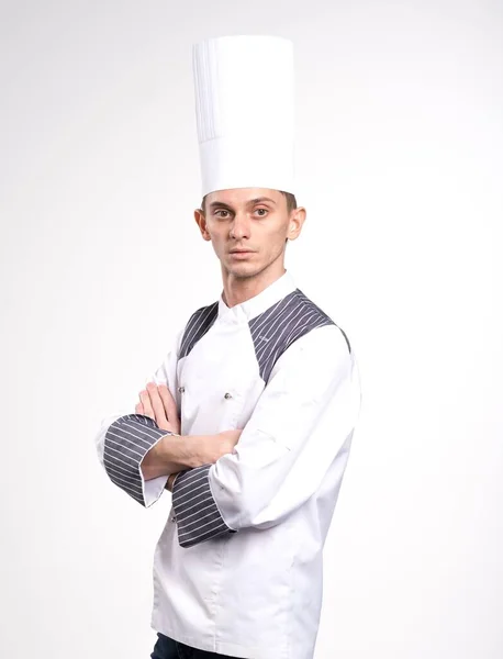 Porträt Eines Gut Aussehenden Kochs Baskenmütze Und Weißem Outfit Isoliert — Stockfoto