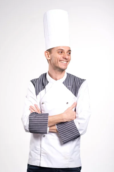 Zufriedene Glückliche Junge Köchin Posiert Isoliert Über Weißem Wandhintergrund Uniform — Stockfoto