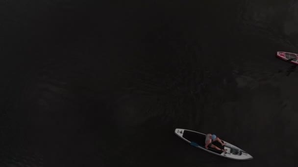 Supボード付きの湖での観光客のトップビュー サーフィンに従事ボード上に浮かぶ人々と美しい澄んだ水 背景の水平線に人が乗っている風景 — ストック動画