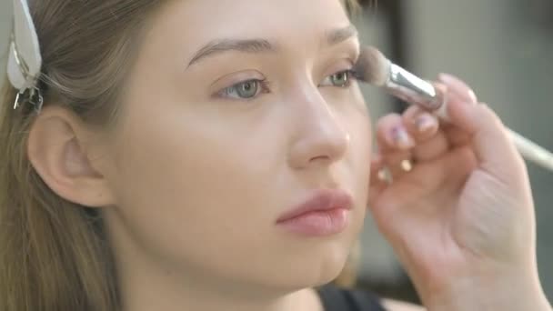 Förbereda Modellens Hud För Applicering Makeup Bearbetar Ansiktet Med Borste — Stockvideo