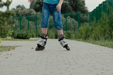 Koruyucu ekipman ve patenler içinde küçük bir çocuk parkta yürüyüş yolunda duruyor, alçak açılı.