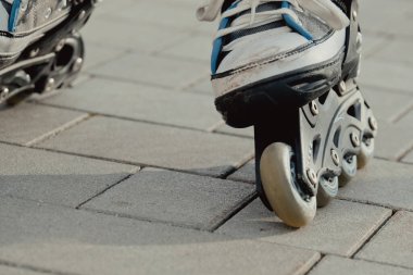 Koruyucu ekipman ve patenler içinde küçük bir çocuk parkta yürüyüş yolunda duruyor, alçak açılı.