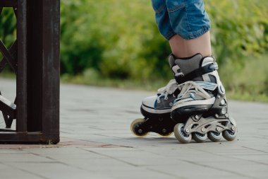 Koruyucu ekipman ve patenler içinde küçük bir çocuk parkta yürüyüş yolunda duruyor, alçak açılı.