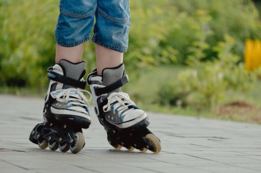 Koruyucu ekipman ve patenler içinde küçük bir çocuk parkta yürüyüş yolunda duruyor, alçak açılı.