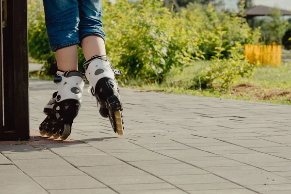 Koruyucu ekipman ve patenler içinde küçük bir çocuk parkta yürüyüş yolunda duruyor, alçak açılı.