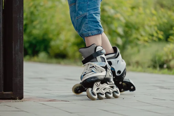 Koruyucu ekipman ve patenler içinde küçük bir çocuk parkta yürüyüş yolunda duruyor, alçak açılı.