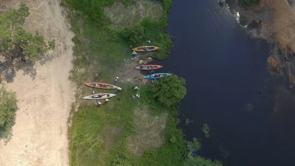 Flygdrönare Syn Grupp Kajak Floden Forsränning Turistbas Kajaker Och Kanoter — Stockfoto