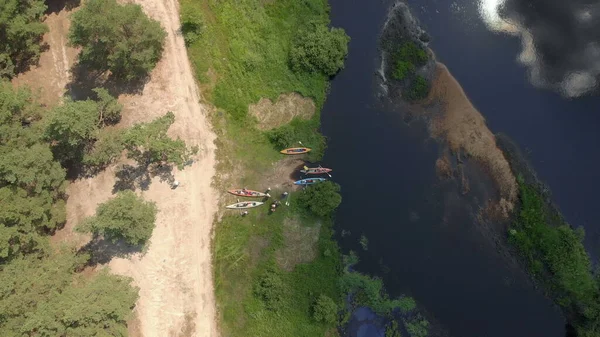 Vue Aérienne Par Drone Kayak Groupe Dans Rivière Rafting Base — Photo