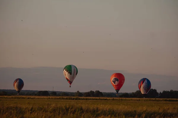 Balões Quente Coloridos Voando Festival Balão Balão Contra Pano Fundo — Fotografia de Stock