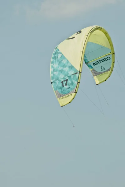 Kitesurfing Kiteboarding Action Photos Man Waves Quickly Goes — Stok Foto