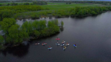 Hava görüntüleme grubu aktif spor sörfçüsü sörf yaparken sörf tahtasında yüzer. Su sporu, sörf. Yaz tatili seyahati.