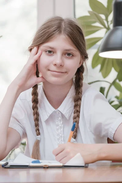 Kleines Studentisches Mädchen Das Der Schule Lernt Hobby Hause Lächelnde — Stockfoto