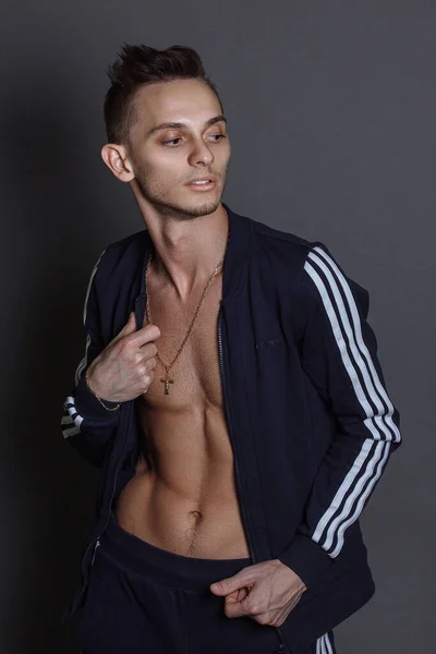 Front View Portrait Smiling Happy Sportsman Wearing Track Suit Gray — Stock Photo, Image