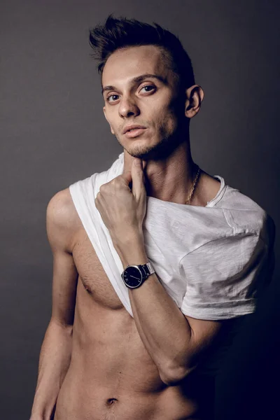 Deportista Retrato Vista Frontal Con Traje Atletismo Sobre Fondo Gris —  Fotos de Stock