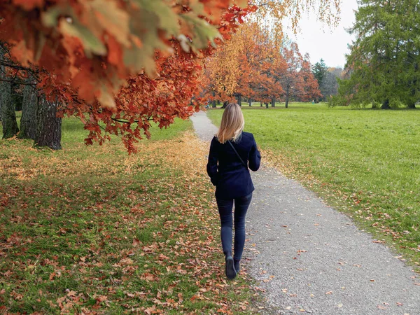 Selective Focus Outdoor Autumn Portrait Young Woman Standing Backwards Straight Stock Picture
