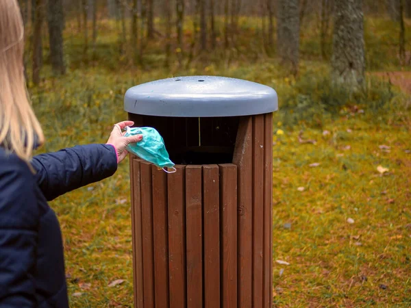 Selective Focus Woman Throws Used Face Masks Urn Virus Season — Stock Photo, Image