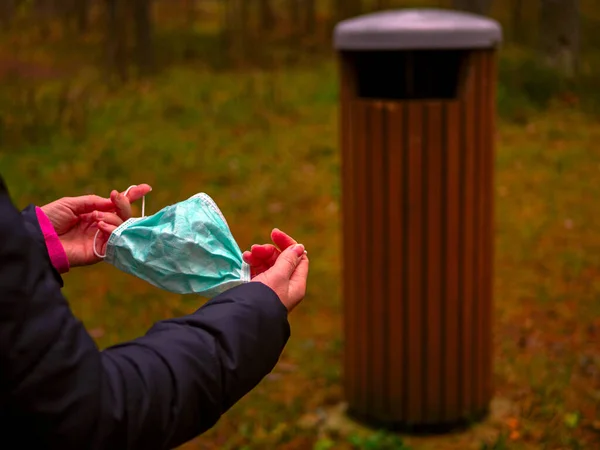 Selective Focus Woman Throws Used Face Masks Urn Virus Season — Stock Photo, Image