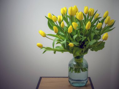 Sevgililer Günü ve Anneler Günü için bir buket sarı lale. Tasarım için alanı kopyala. tatil konsepti. Kapat.