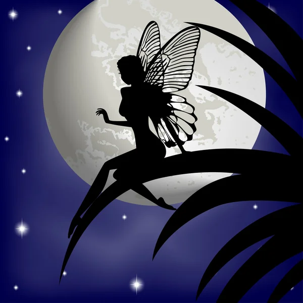 Silhouette fille de fée sur un fond avec la lune — Image vectorielle