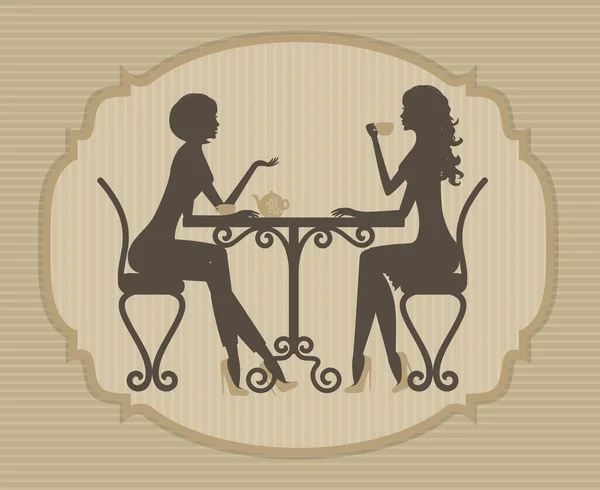 Silueta de dos hermosas chicas hablando en un café — Vector de stock