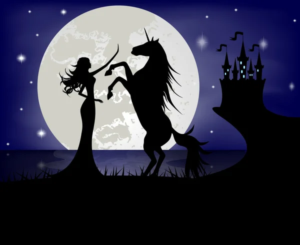 Silhouette of beautiful girl and unicorn on a background of the night sky — Stock Vector