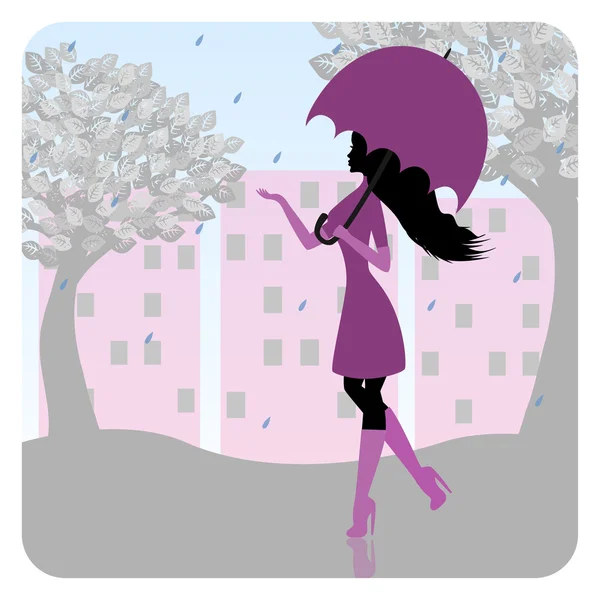 Fashionabla flicka gick på gatan med ett paraply i handen — Stock vektor
