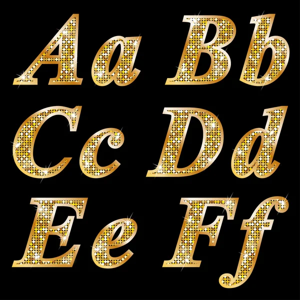 Letras brilhantes metálicas douradas A, B, C, D, E, F —  Vetores de Stock