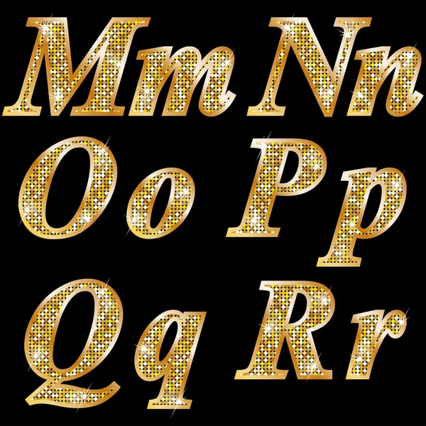 Letras brilhantes metálicas douradas M, N, O, P, Q, R — Vetor de Stock