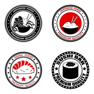 Japon yemekleri logolar, rozetleri, etiketleri ve tasarım öğeleri kümesi.