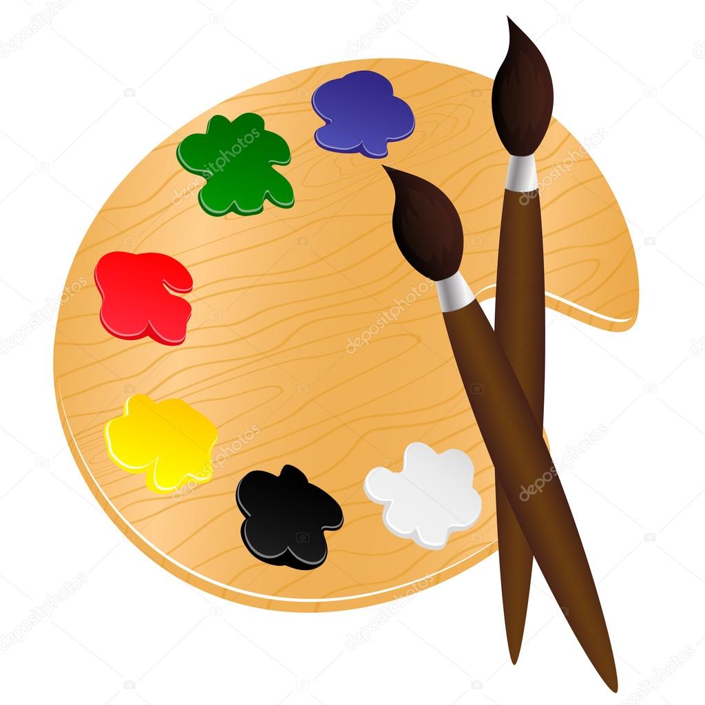 Wooden palette with paints and brushes