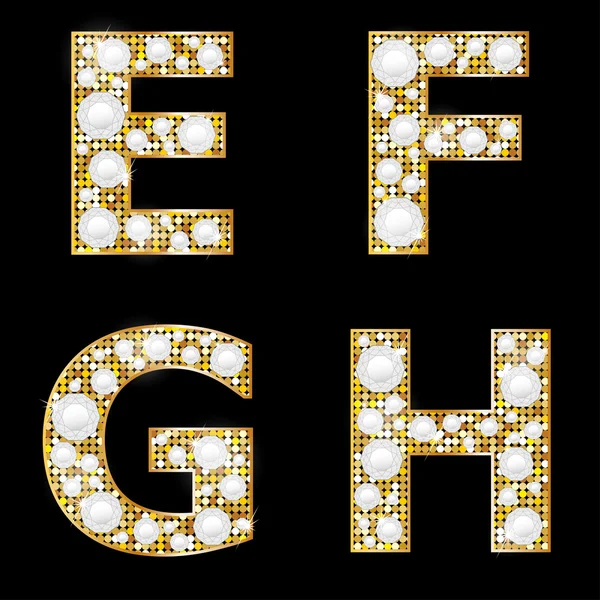 Letras brilhantes metálicas douradas E, F, G, H — Vetor de Stock