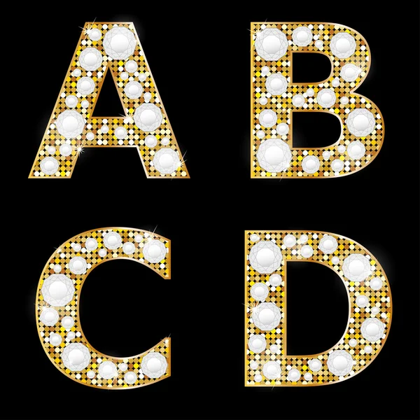 Letras brilhantes metálicas douradas A, B, C, D — Vetor de Stock