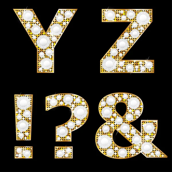 Golden metallic shiny letters Y, Z, !, ?, & Vektorgrafik