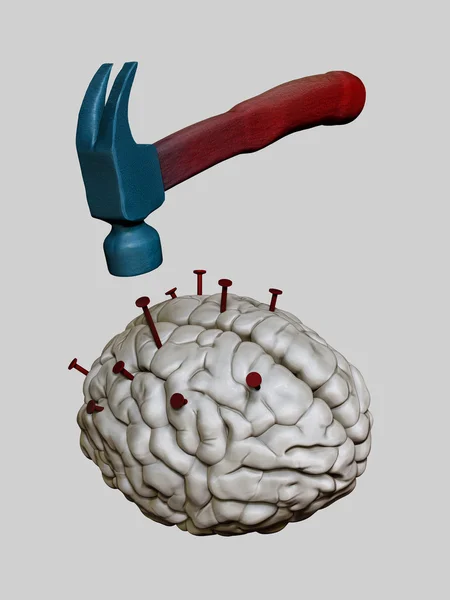 Hammer drives nails into human brain — Stock Photo, Image