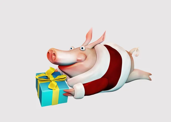 New Year Pig With Gift. isolated — Stock Photo, Image