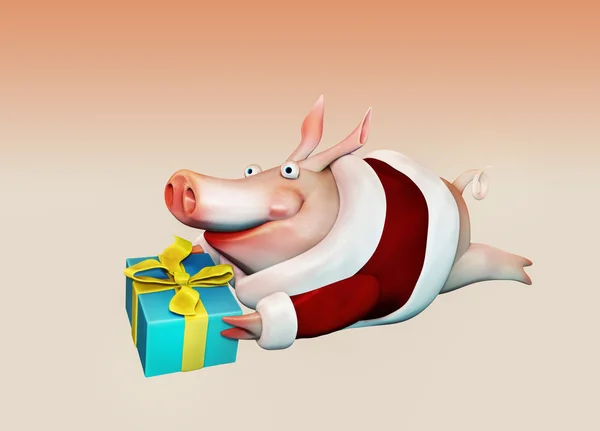 New Year Pig With Gift — Stock Photo, Image